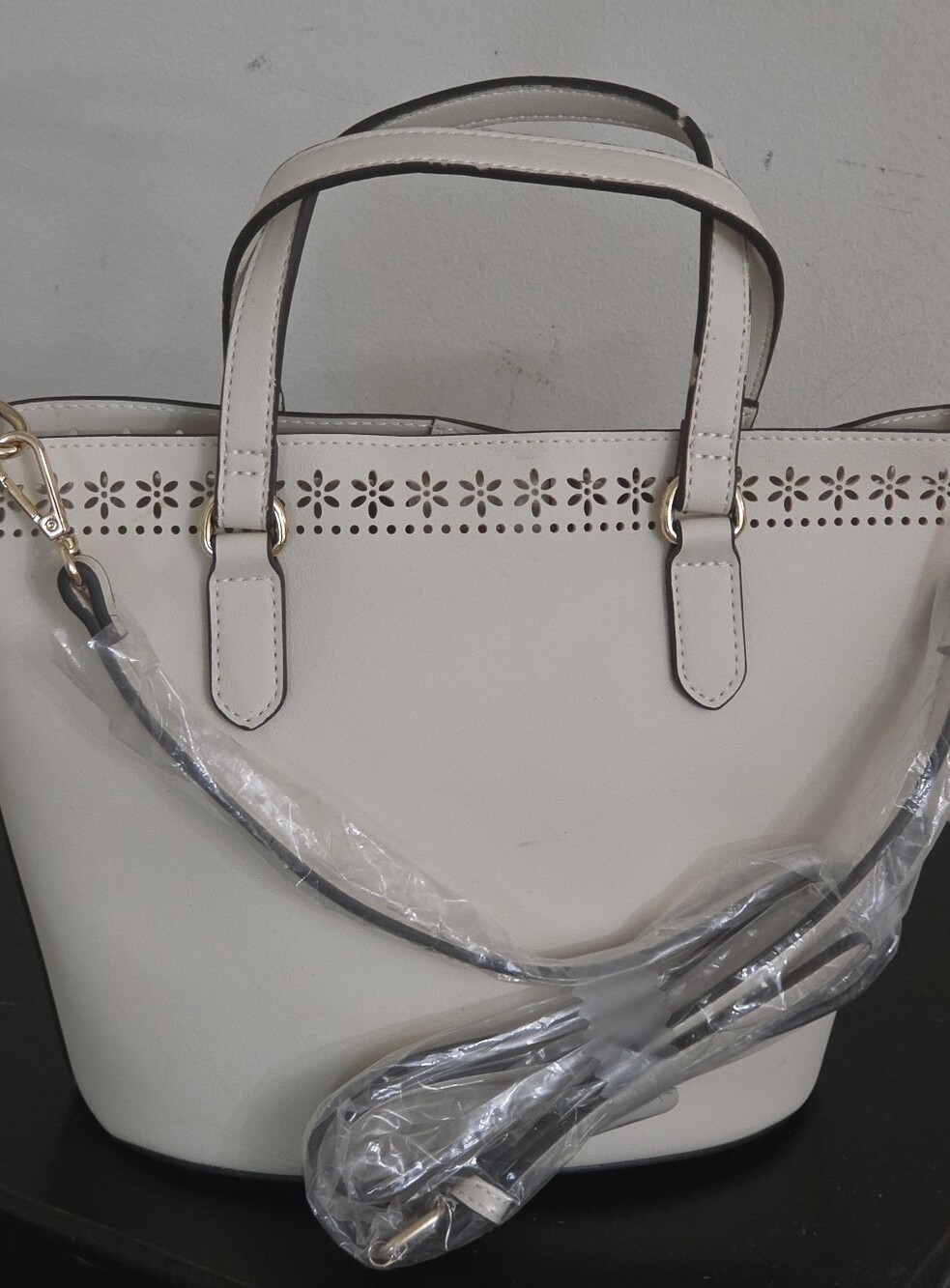 Nanette Lepore Cream Laser-Cut Small Top-Handle Tote